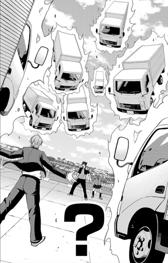 A swarm of heavenly trucks raining down on a school rooftop