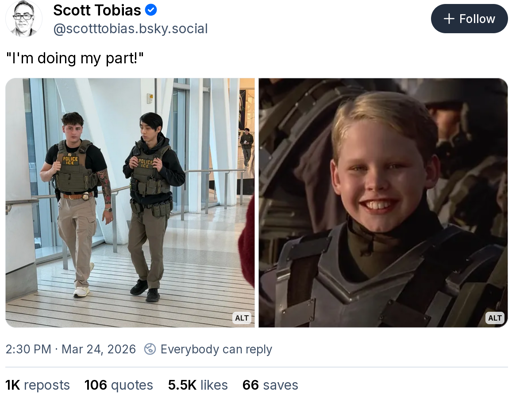 screenshot of post by Scott Tobias ‪@scotttobias.bsky.social‬ with text "I'm doing my part" above two images, the first is a photo showing two young-looking ICE officers in what appears to be an airport, the second is a still from the film Starship Troopers depicting a smiling child soldier
