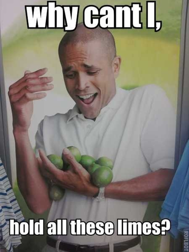 a man making a funny face while struggling to hold more than a half dozen limes in his arms. top text "why can't i," bottom text "hold all these limes?"