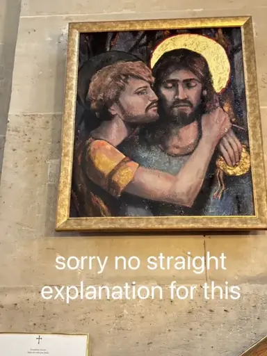 Painting of Jesus being hugged by a man with the caption "sorry no straight explanation for this"